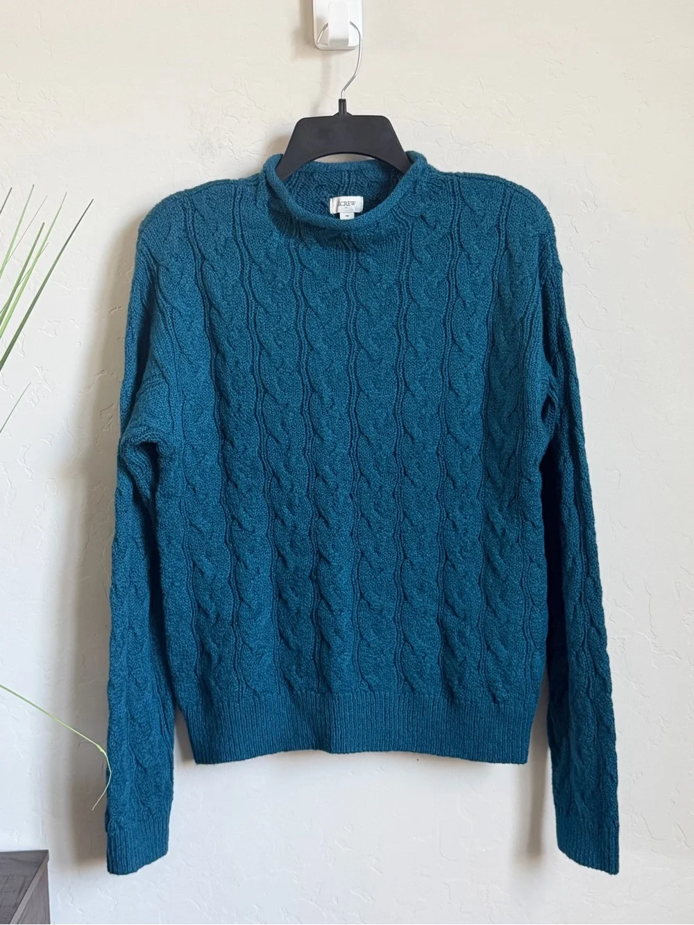 NWT J.Crew Factory 2025 Cable Knit Mock Neck Sweater Teal Medium